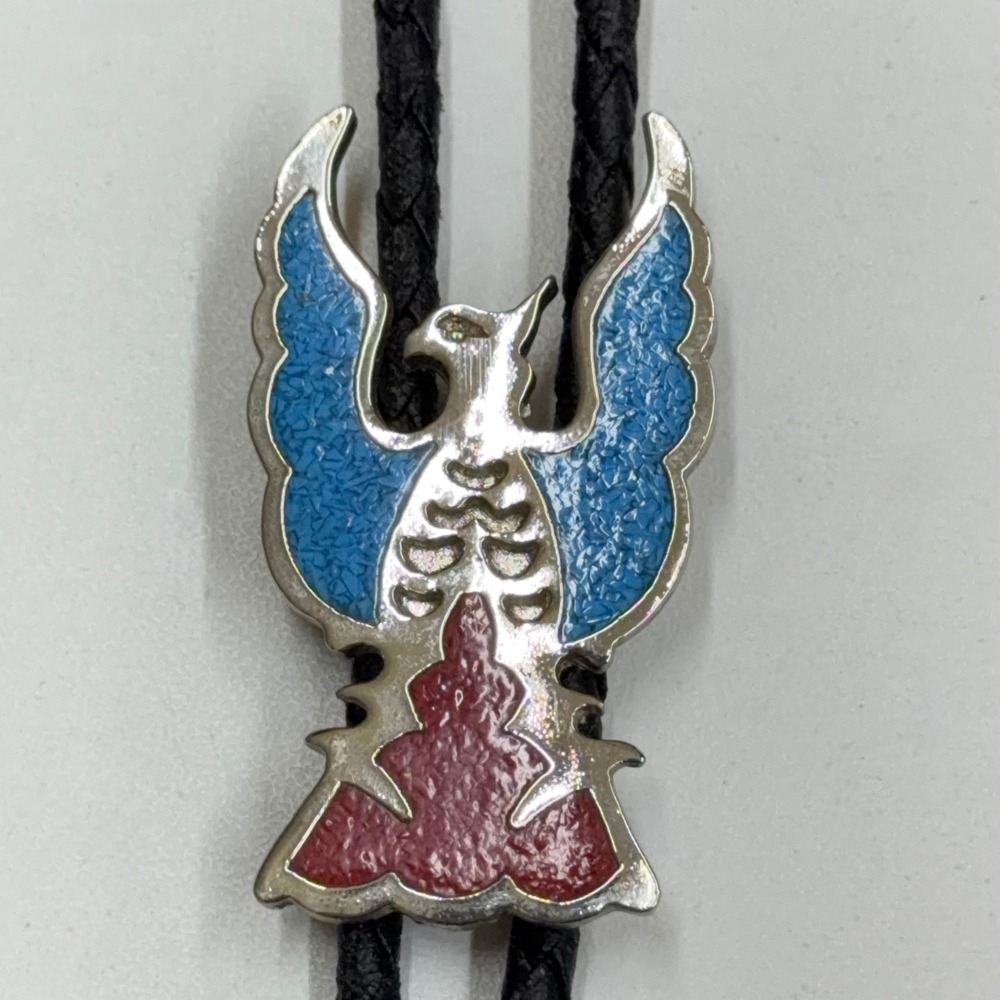 Vtg SSI Thunderbird Bolo Tie Silver‎ Tone Blue Red Enamel Western Southwestern